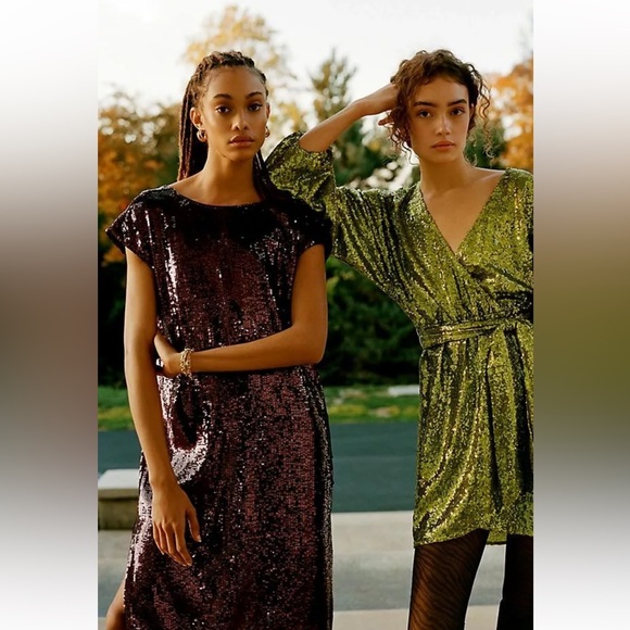 Anthropologie Maeve Kara Sequined Dress Short Sleeve Slit Embellished XS - Picture 5 of 12